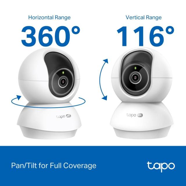 IP камера TP-Link Tapo C250, Pan/Tilt, 8Mpix (3840x2160@20fps), 4mm обектив, H.265, IR осветеност (до 12m), Wi-Fi, MicroSD