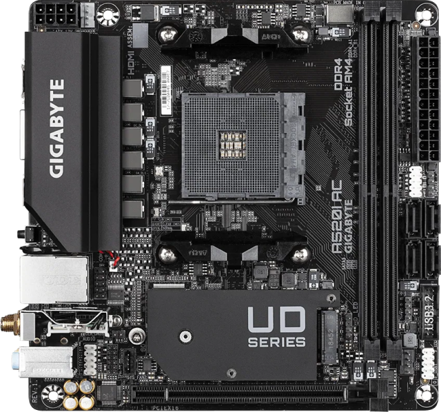 Дънна платка Gigabyte A520I AC Wi-Fi, A520 AM4, 2x DDR4, 1x M.2, 4x SATA 6Gb/s, HDMI, DisplayPort, Mini-ITX