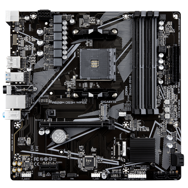 Дънна платка Gigabyte A520M DS3H WiFi 6E, A520 AM4, 4x DDR4, 1x M.2, 4x SATA 6Gb/s, HDMI, DisplayPort, Micro ATX