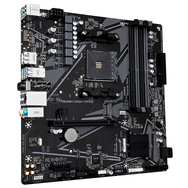Дънна платка Gigabyte A520M DS3H WiFi 6E, A520 AM4, 4x DDR4, 1x M.2, 4x SATA 6Gb/s, HDMI, DisplayPort, Micro ATX