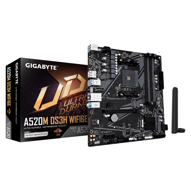 Дънна платка Gigabyte A520M DS3H WiFi 6E, A520 AM4, 4x DDR4, 1x M.2, 4x SATA 6Gb/s, HDMI, DisplayPort, Micro ATX