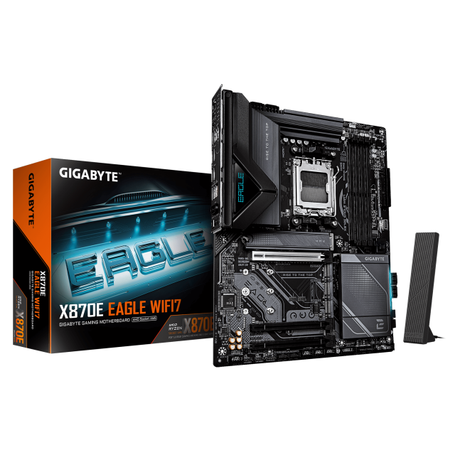 Дънна платка GIGABYTE X870E EAGLE WIFI7, AM5, 4x DDR5, PCIe 5.0, 4x M.2 NVMe, 4x SATA 6Gb/s, Wi-Fi 7, BLUETOOTH 5.4, HDMI, ATX