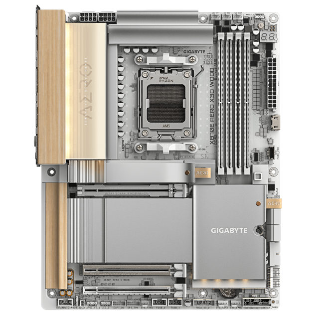 Дънна платка GIGABYTE X870E AERO X3D WOOD WIFI7, AM5, 4x DDR5, PCIe 5.0, 4x M.2 NVMe, 4x SATA 6Gb/s, Wi-Fi 7, BLUETOOTH 5.4, 2 x RJ-45, HDMI, ATX