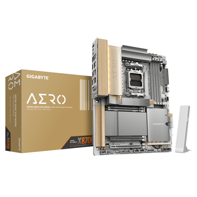 Дънна платка GIGABYTE X870E AERO X3D WOOD WIFI7, AM5, 4x DDR5, PCIe 5.0, 4x M.2 NVMe, 4x SATA 6Gb/s, Wi-Fi 7, BLUETOOTH 5.4, 2 x RJ-45, HDMI, ATX