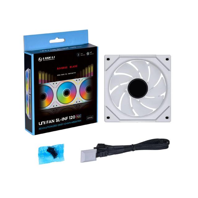 Вентилатор Lian Li Fan 120mm, UNI SL-INF 120 ARGB Reverse Blade, 120 X 122 X 25 (mm), 1x 4-PIN PWM + 3-PIN ARGB, White