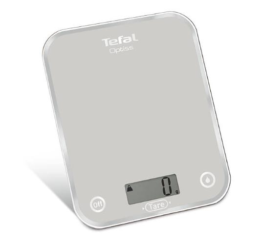Везна Tefal BC5004V2, Optiss silver, ultra slim glass, 5 kg / 1g/ml graduation, tara, liquid function, 2 batteries LR03 AAA included, new markings on product