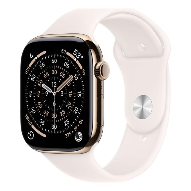 Смарт часовник Apple Watch Series 11 Cellular, 46mm, 1.96" (4.98cm) LTPO3 OLED дисплей, LTE, Wi-Fi, Bluetooth, GPS, 64GB Flash памет, IP6X, Gold Titanium с Light Blush Sport - M/L каишка