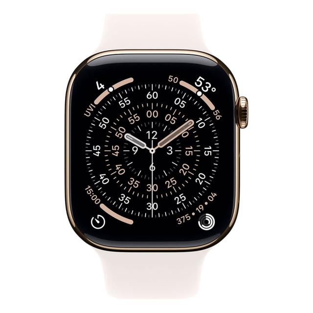 Смарт часовник Apple Watch Series 11 Cellular, 46mm, 1.96" (4.98cm) LTPO3 OLED дисплей, LTE, Wi-Fi, Bluetooth, GPS, 64GB Flash памет, IP6X, Gold Titanium с Light Blush Sport - M/L каишка