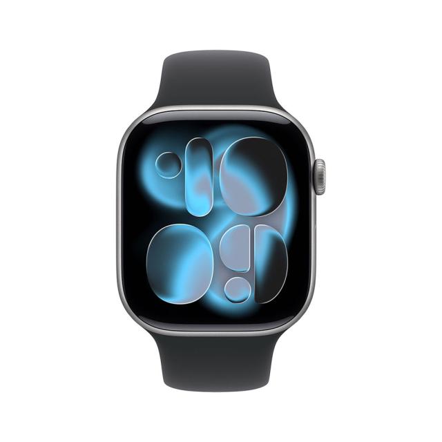 Смарт часовник Apple Watch Series 11 GPS, 42mm, 1.77" (4.49cm) LTPO3 OLED дисплей, Wi-Fi, Bluetooth, GPS, 64GB Flash памет,  IP6X, Space Grey Aluminium с Black Sport - С/M каишка