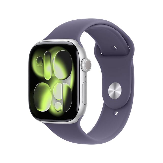 Смарт часовник Apple Watch Series 11 Cellular, 42mm, 1.77" (4.49cm) LTPO3 OLED дисплей, LTE, Wi-Fi, Bluetooth, GPS, 64GB Flash памет, IP6X, Silver Aluminium с Purple Fog Sport - M/L каишка