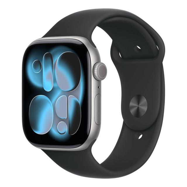 Смарт часовник Apple Watch Series 11 GPS, 46mm, 1.96" (4.98cm) LTPO3 OLED дисплей, Wi-Fi, Bluetooth, GPS, 64GB Flash памет, IP6X, Space Grey Aluminium с Black Sport - M/L каишка