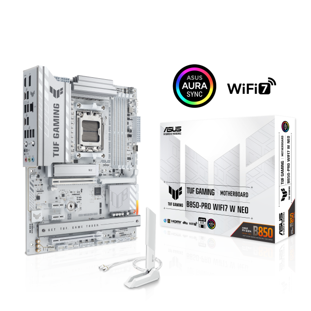 Дънна платка ASUS TUF GAMING B850-PRO WIFI7 W NEO, AM5, 4x DDR5, 3x M.2, 4 x SATA 6Gb/s, Wi-Fi 7/Bluetooth v5.4, HDMI, DisplayPort