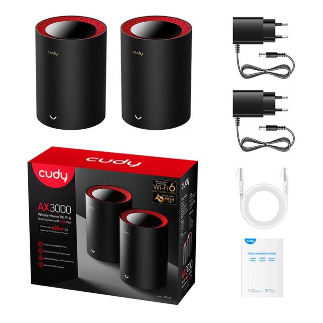 MESH система Cudy M3000 AX3000 Wi-Fi 6, 2.4/5 GHz, 574 + 2402 Mbps, LAN: 1 X 10/100/1000, WAN: 1 x 10/100/1000/2500 Mbps, (2 pack)