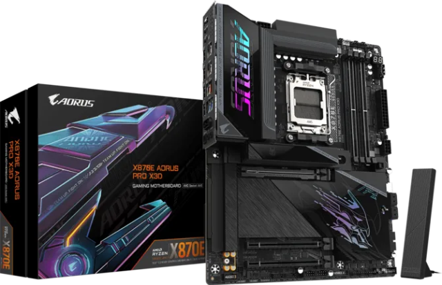 Дънна платка GIGABYTE X870E A PRO X3D, AM5, 4x DDR5, 4x M.2, 4x SATA 6Gb/s, Wi-Fi 7, Bluetooth, HDMI, ATX