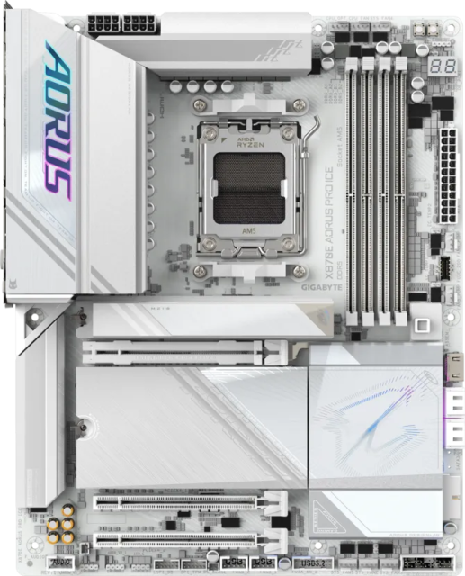 Дънна платка GIGABYTE X870E A PRO X3D ICE, AM5, 4x DDR5, 4x M.2, 4x SATA 6Gb/s, Wi-Fi 7, Bluetooth, HDMI, ATX