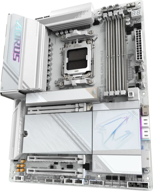 Дънна платка GIGABYTE X870E A PRO X3D ICE, AM5, 4x DDR5, 4x M.2, 4x SATA 6Gb/s, Wi-Fi 7, Bluetooth, HDMI, ATX