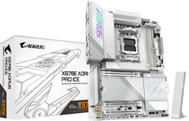 Дънна платка GIGABYTE X870E A PRO X3D ICE, AM5, 4x DDR5, 4x M.2, 4x SATA 6Gb/s, Wi-Fi 7, Bluetooth, HDMI, ATX