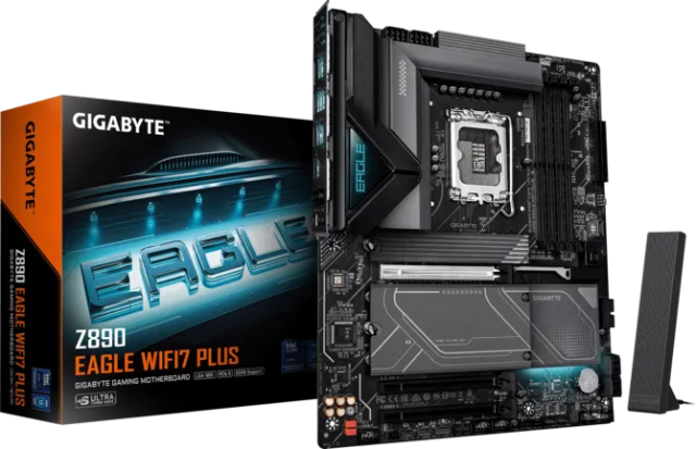 Дънна платка GIGABYTE Z890 EAGLE WIFI7 PLUS, LGA1851, 4x DDR5, 4x M.2, 4x SATA 6Gb/s, Wi-Fi 7, Bluetooth, DisplayPort, ATX