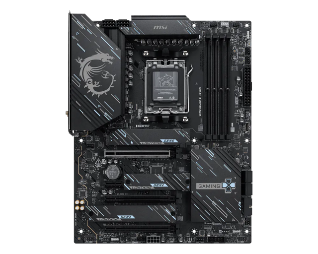 Дънна платка MSI X870E GAMING PLUS WIFI, AM5, 4x DDR5, 3x M.2, 4x SATA 6G, Wi-Fi 7+Bluetooth, 5G LAN, HDMI, ATX 