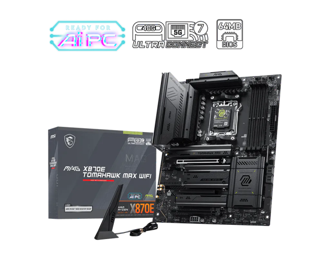 Дънна платка MSI MAG X870E TOMAHAW MAX WIFI, AM5, 4x DDR5, 4x M.2 slots, 4x SATA 6Gb/s, Wi-Fi 7/Bluetooth, HDMI, ATX