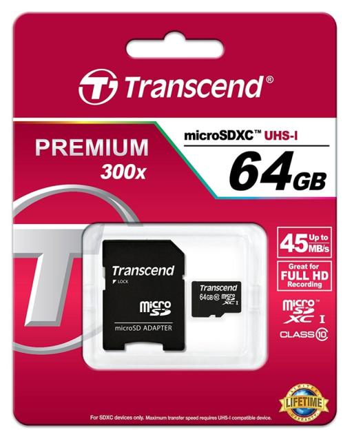 Памет Transcend 64GB microSDXC UHS-I, 300x (with adapter, Class 10)