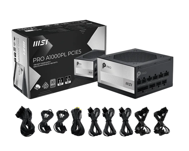 Захранване MSI PRO A1000PL, 1000W, Active PFC, PCI-E 5.1, 80 PLUS Platinum, Fully Modular