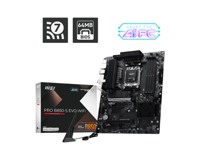 Дънна платка MSI PRO B850-S EVO WIFI, AM5, 4x DDR5, 3x M2, 4x SATA 6Gb/s, HDMI, DisplayPort, ATX
