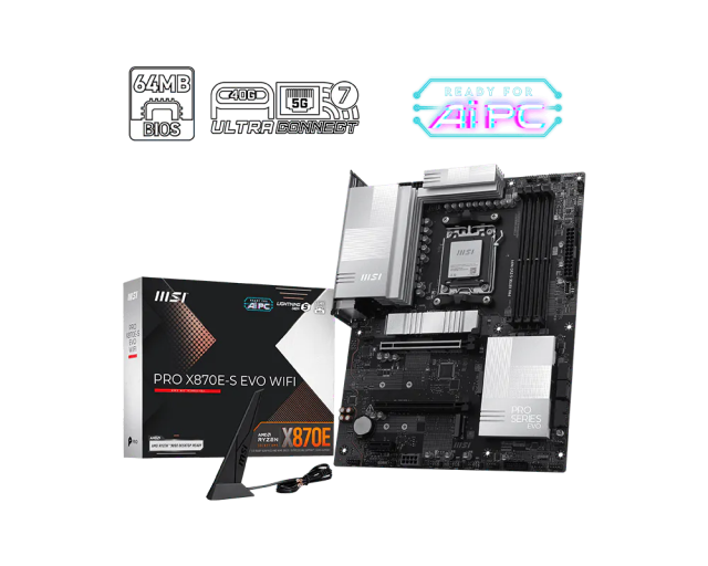 Дънна платка MSI PRO X870E-S EVO WIFI, AM5, 4x DDR5, 3x M.2, 4x SATA 6G, Wi-Fi 7+Bluetooth, 5G LAN, HDMI, ATX 