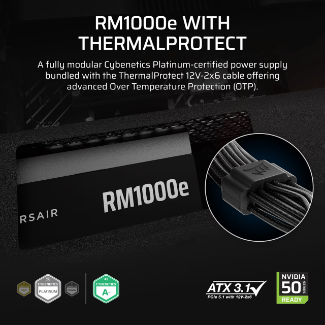 Захранваne Corsair RMe RM1000e 1000W Black, 80+ Platinum, ATX 3.1, Thermal Protect, Fully Modular
