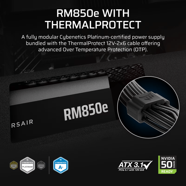 Захранваne Corsair RMe RM850e 850W Black, 80+ Platinum, ATX 3.1, Thermal Protect, Fully Modular