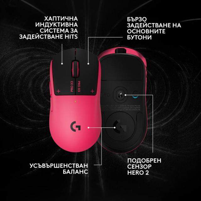 Гейминг мишка Logitech G Pro X3 Superstrike, Wireless, оптичен HERO 2, 48 000 DPI, Magenta Eclipse
