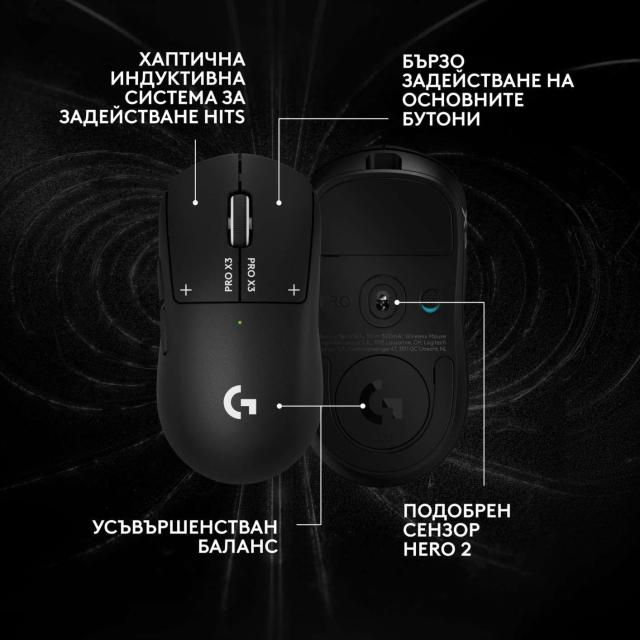 Гейминг мишка Logitech G Pro X3 Superstrike, Wireless, оптичен HERO 2, 48 000 DPI, Midnight Black