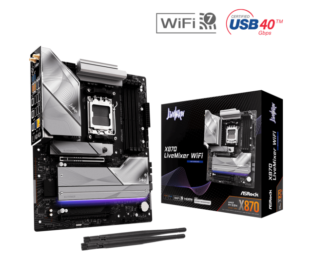Дънна платка ASRock X870 LiveMixer WiFi, X870, AM5, DDR5, 4x M.2 NVMe SSD, 2x SATA3 6.0 Gb/s, Wi-Fi 7 + BT, HDMI, ATX