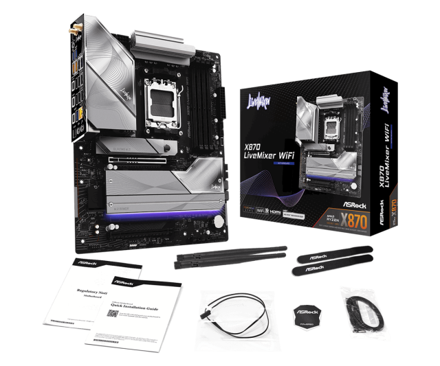 Дънна платка ASRock X870 LiveMixer WiFi, X870, AM5, DDR5, 4x M.2 NVMe SSD, 2x SATA3 6.0 Gb/s, Wi-Fi 7 + BT, HDMI, ATX