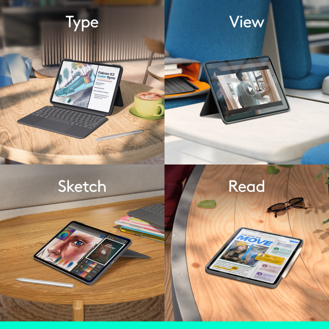 Logitech Combo Touch iPad Pro 11" (27.94 cm), безжична клавиатура с тракпад и отделящ се кейс с поставка,  Graphite 