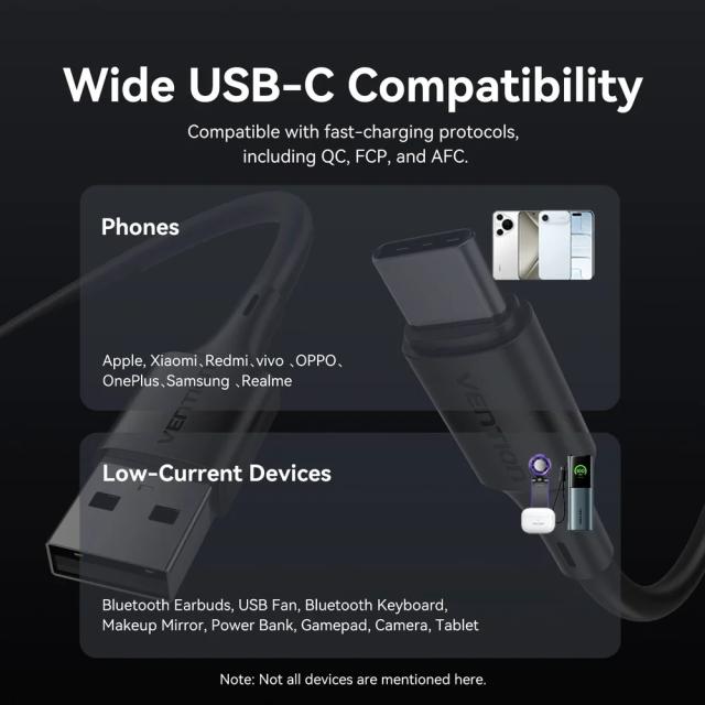 Кабел Vention USB 2.0(м) към USB Type-C(м), 0.25m Black