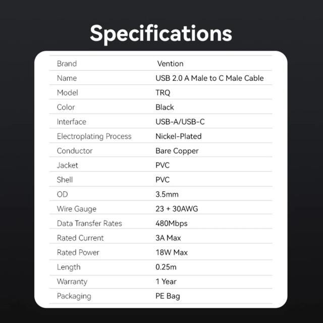 Кабел Vention USB 2.0(м) към USB Type-C(м), 0.25m Black