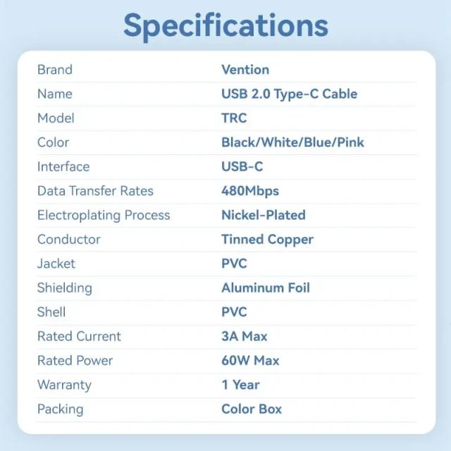 Кабел Vention USB Type-C(м) 2.0 към USB Type-C(м), 1.0m, White