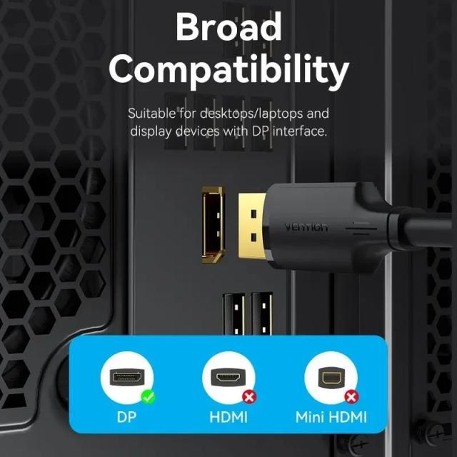 Кабел Vention Display Port (м) v1.2 към Display Port (м) 4K, 2м, Black