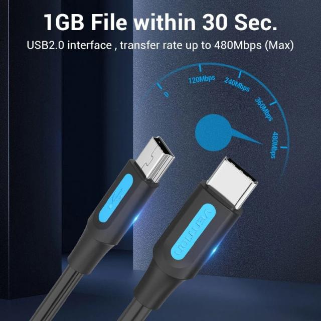 Кабел Vention USB Type-C 2.0(м) към USB Mini(м), 0.5m, Black