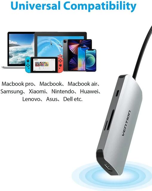 Мултипортов адаптер Vention  HDMI x 1, USB3.0 x 3, USB-C PD100W x 1, SD/TF към USB Type-C