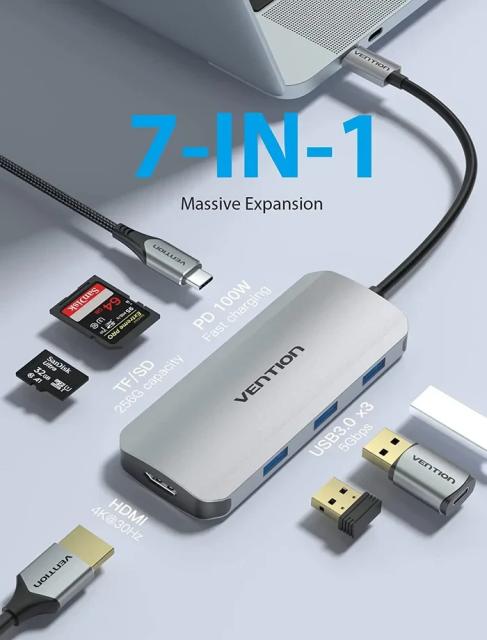 Мултипортов адаптер Vention  HDMI x 1, USB3.0 x 3, USB-C PD100W x 1, SD/TF към USB Type-C