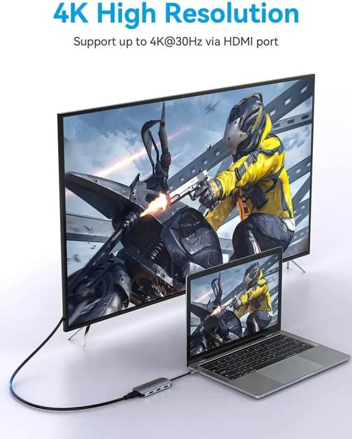 Мултипортов адаптер Vention  HDMI x 1, USB3.0 x 3, USB-C PD100W x 1, SD/TF към USB Type-C