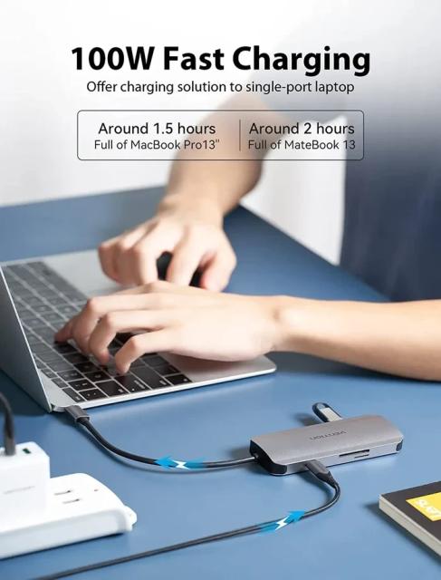 Мултипортов адаптер Vention  HDMI x 1, USB3.0 x 3, USB-C PD100W x 1, SD/TF към USB Type-C