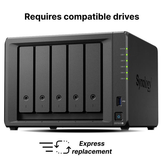 NAS устройство Synology DS225+ 5-bays, AMD Ryzen V1500B 4C (2.2 GHz, 4MB Cache), без HDD/SSD/m.2 NVMe, 8GB DDR4 SODIMM, 2x 2.5GbE RJ-45, 2x USB 3.2