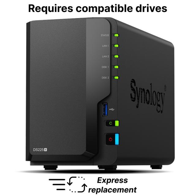 NAS устройство Synology DS225+ 2-bays, Intel Celeron J4125 4C (2.0 / 2.7 GHz, 4MB Cache), без HDD/SSD, 2GB DDR4 SODIMM, 1x 2.5GbE RJ-45, 1x 1GbE RJ-45, 2x USB 3.2