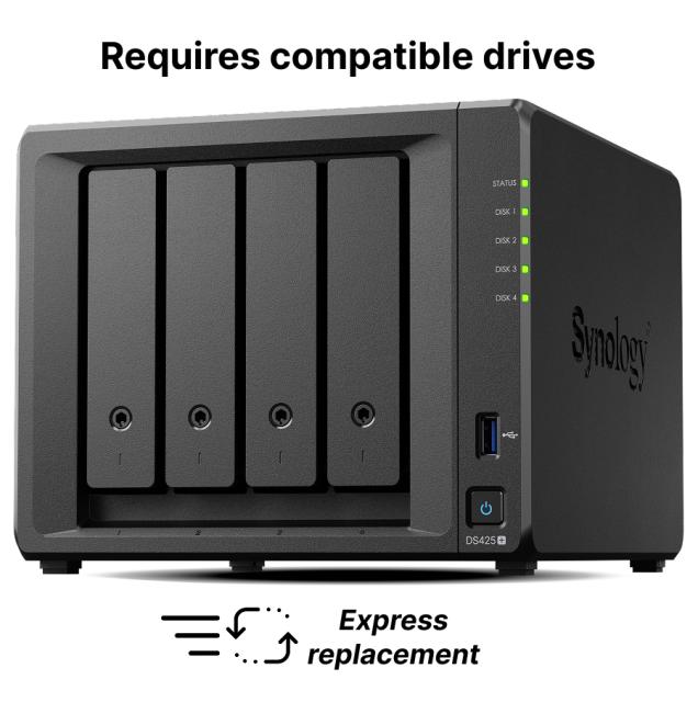 NAS устройство Synology DS425+ 2-bays, Intel Celeron J4125 4C (2.0 / 2.7 GHz, 4MB Cache), без HDD/SSD/m.2 NVMe, 2GB DDR4 SODIMM, 1x 2.5GbE RJ-45, 1x 1GbE RJ-45, 2x USB 3.2