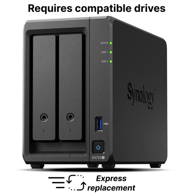 NAS устройство Synology DS725+ 2-bays, AMD Ryzen R1600 2-core 2.6/3.1GHz, без HDD/SSD/m.2 NVMe, 4GB DDR4 SODIMM, 1x 2.5GbE RJ-45, 1x 1GbE RJ-45, 1x USB 3.2