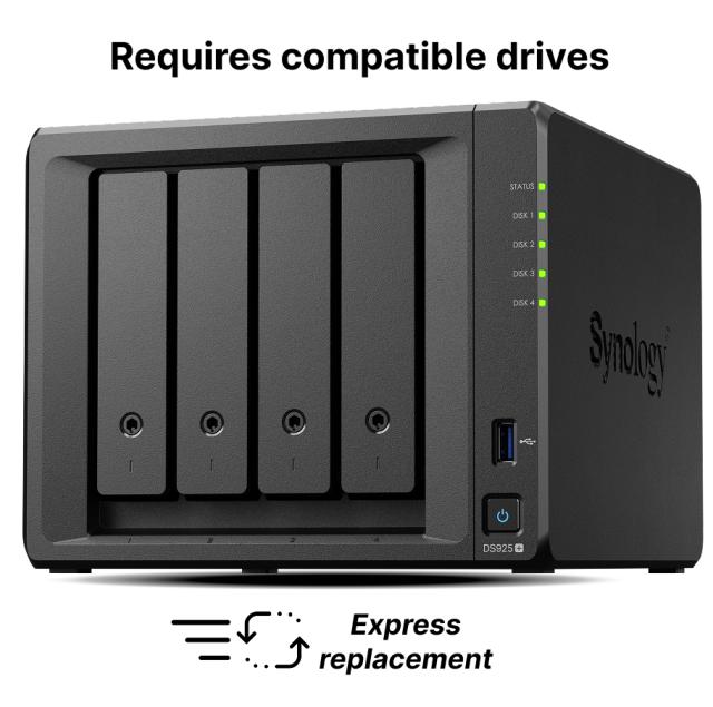NAS устройство Synology DS925+ 4-bay, AMD Ryzen V1500B 4-core 2.2GHz, без HDD/SSD/m.2 NVMe (2x2 SATA 6Gb/s), 4GB DDR4 SODIMM, 2x 2.5GbE RJ-45, 2x USB 3.2