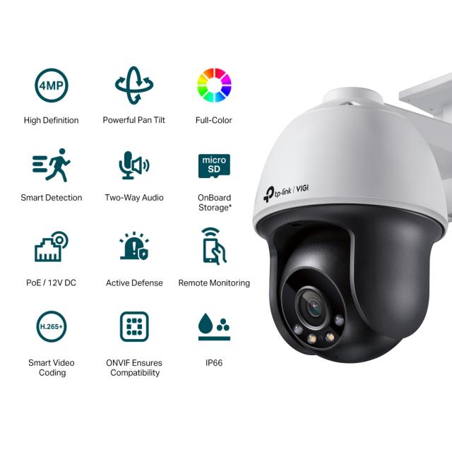 IP камера TP-Link VIGI C540, куполна камера, 4Mpix (2560x1440@30fps), IR осветеност (до 30 метра), за външен монтаж, IP66 защита, RJ-45, PoE (802.3af/at), MicroSD, микрофон, високоговорител